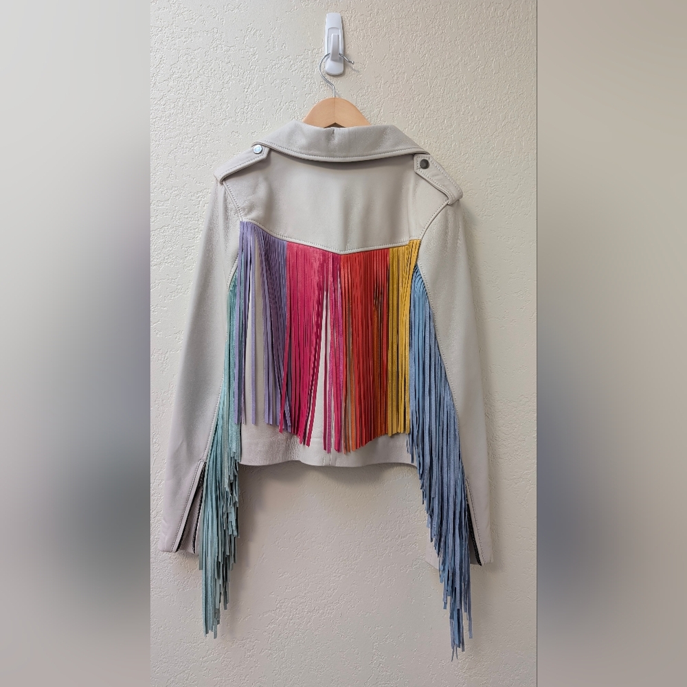 Patina Rainbow Fringe Women's Leather Moto Jacket